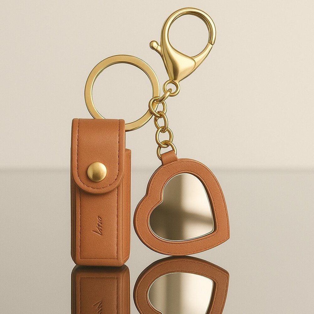 Mini Lipstick Holder Sleeve Keychain Charm with Heart Shaped Mirror - Picture 2 of 5